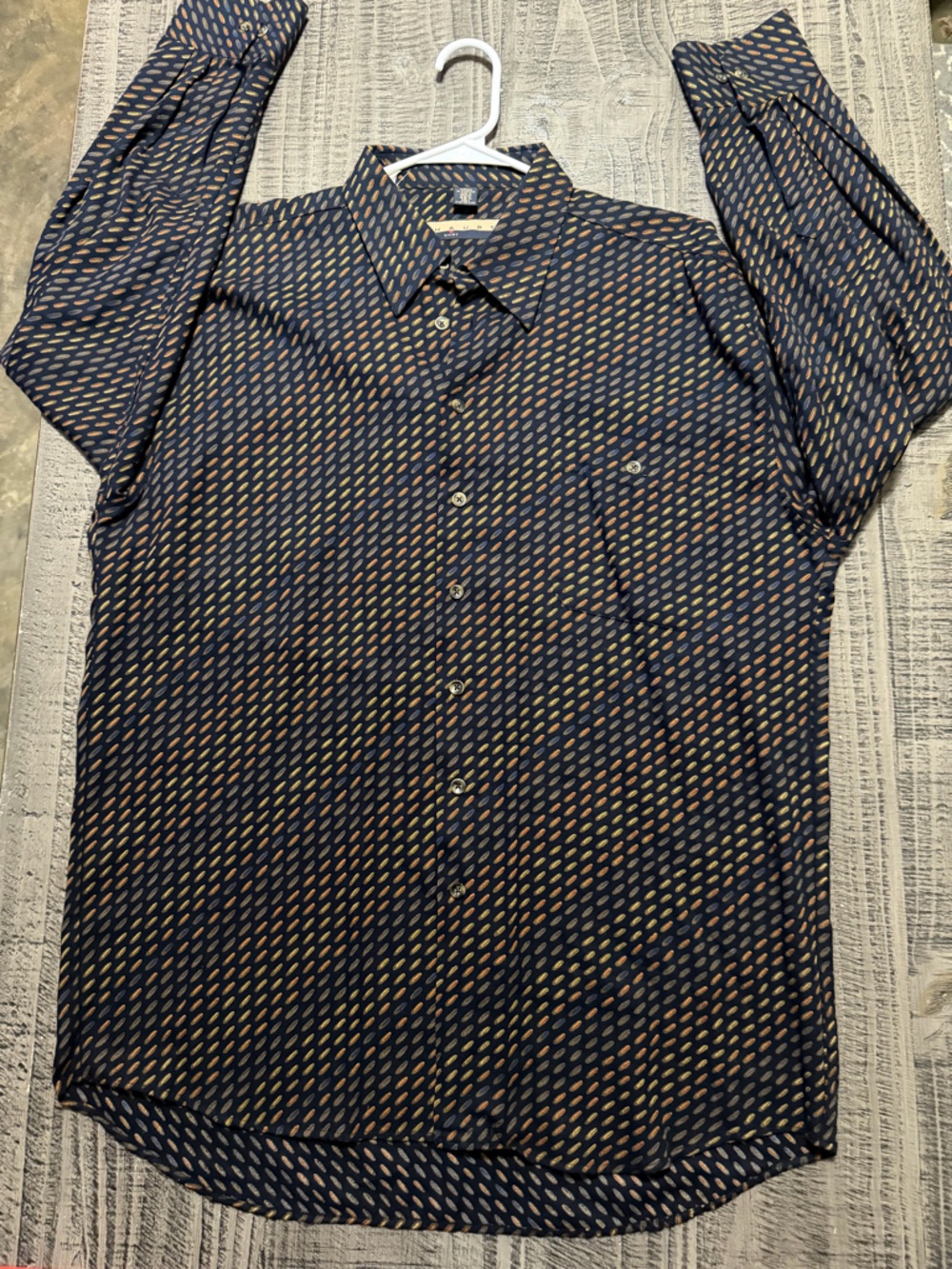 Navy Button-Up Shirt with Orange Leaf Print